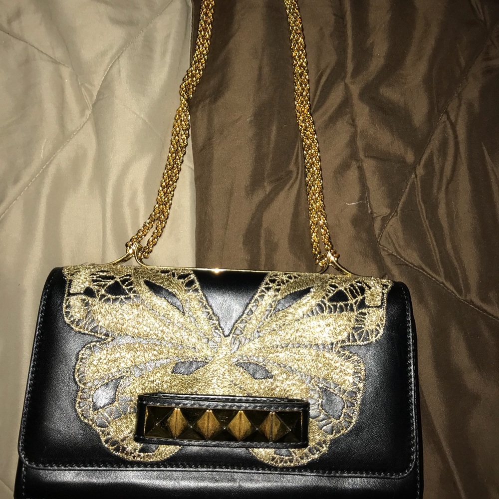 Valentino Black Leather Embroidered Butterfly
